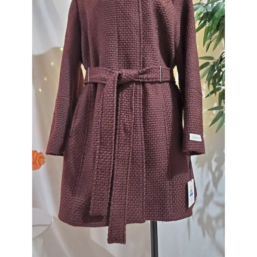 Calvin Klein NWT Woven Belted Hooded Zip Mid Length Coat Womens Size XL Plum